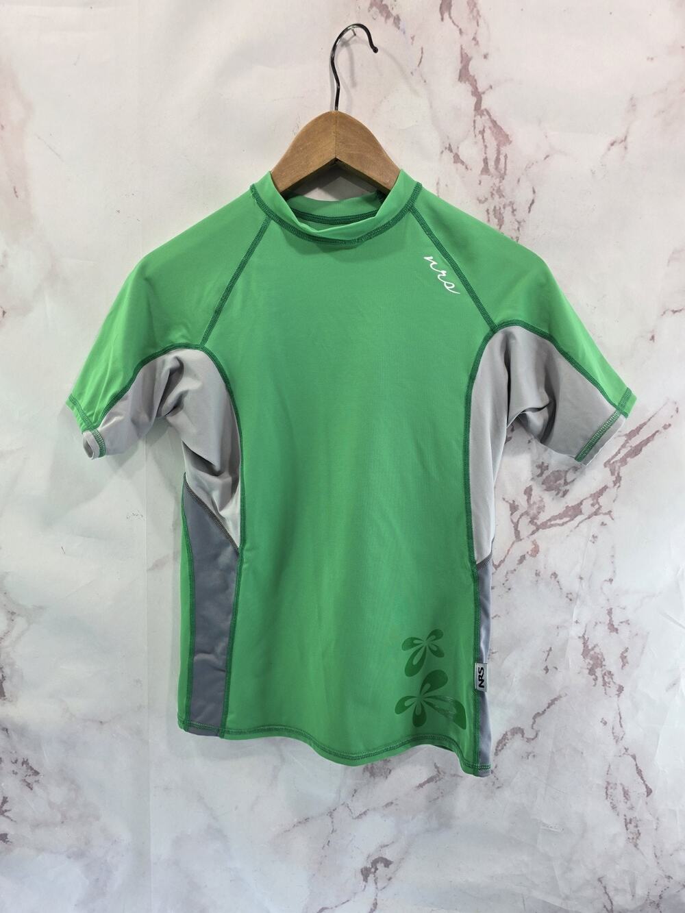 NRS Rash Guard Womens Medium Green Short Sleeve Swim Surf Shirt Top Sun UPF